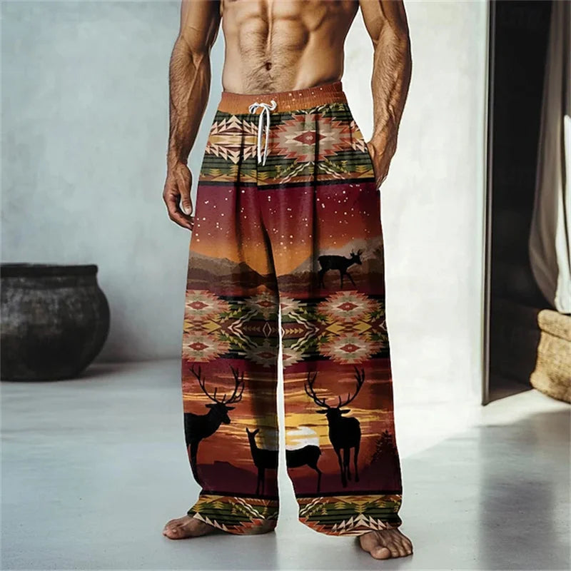Summer Men's Beach Shorts Relaxed Fit Drawstring Casual Pants 3D Printed Geometric Pattern Breathable Wide-Leg Pants