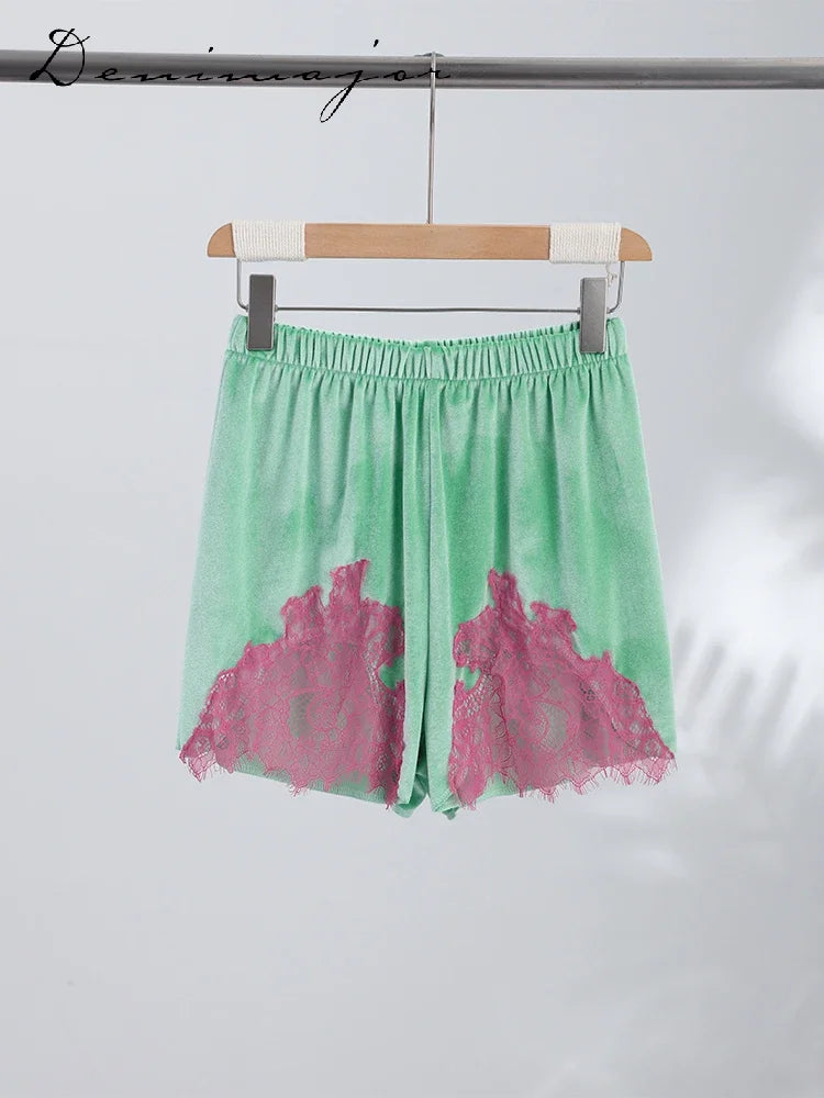 Fashion Mint Green Velvet Shorts Women Pink Lace Insert Elastic Waist Short Pants 2026 Summer New Lady Soft Cozy Lounge Bottoms