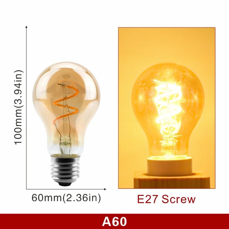 E14 E27 Retro LED Spiral Filament Light Bulb 4W Warm Yellow 220V C35 A60 T45 ST64 T185 T225 G80 G95 G125 Vintage Edison Lamp
