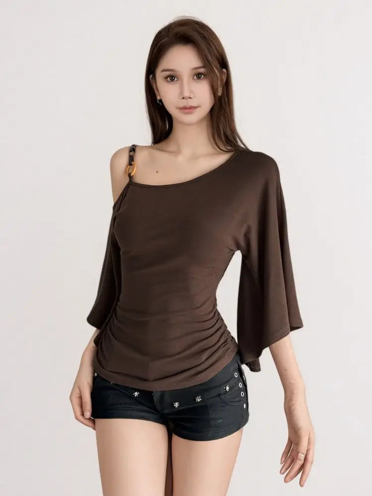 Sexy Retro Style Five-Quarter Sleeve T-Shirt Women's Waist-Cinching Slimming Fashionable Versatile Top Trendy Streetwear