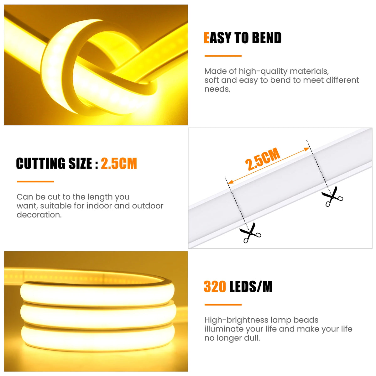 COB Neon LED Strip 5V 320LEDs/m Waterproof Dimmable LED Neon Rope Light Flexible Tape for Kitchen Cabinet Bedroom TV Backlight