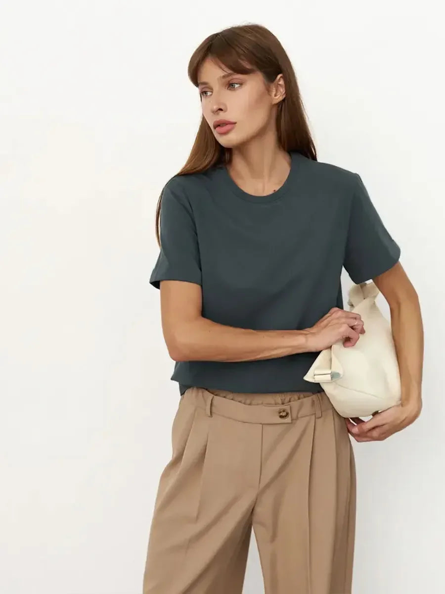 Summer 100% Cotton Women's T-shirt Bottoming Basic Fashionable Lady Short Sleeve Loose Tops Shirts Solid 200g/㎡ Tops