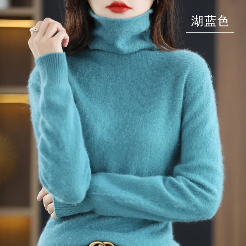 Women's Pile Collar 100% Mink Cashmere Sweater Winter High Collar Knitted Pullover Casual Short Thick Tops Loose Warm Base Shirt
