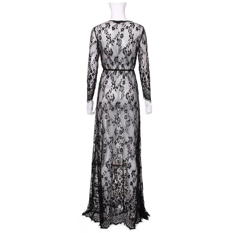 European Style Sexy Deep V Lace Mesh Long Sleeve Bodycon Maxi Dress Trailing Evening Party Dress