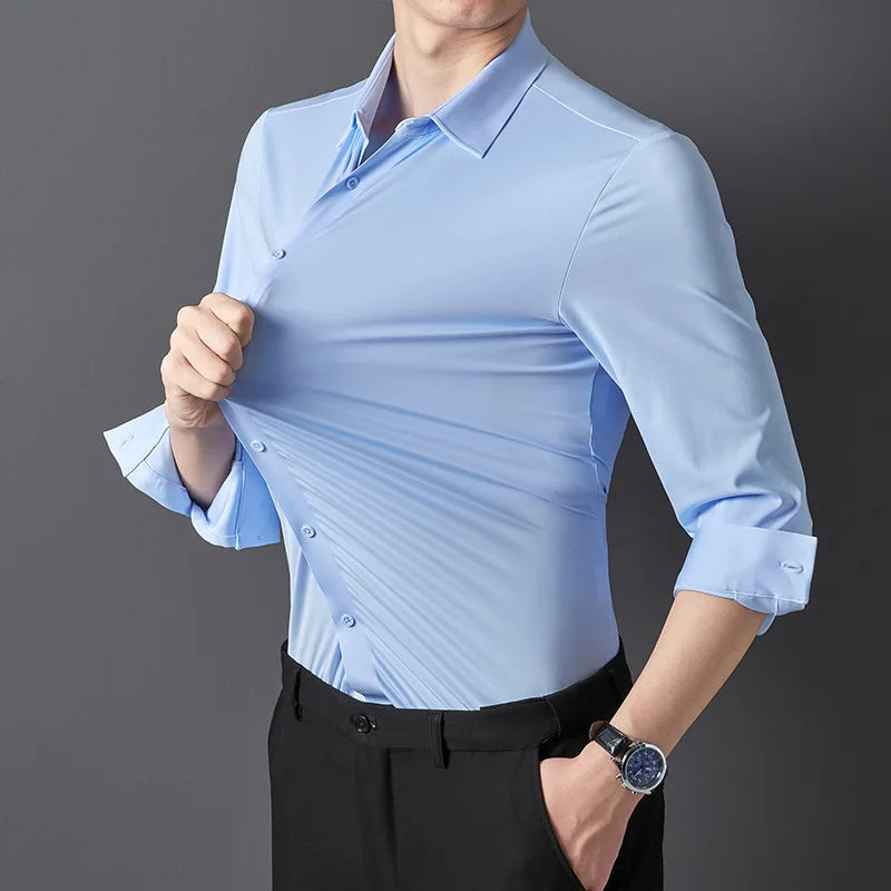 High Elastic Seamless Shirts Men Long Sleeve Muscle Sports Shirt European Size No Ironing Business Professional Workwear Causal