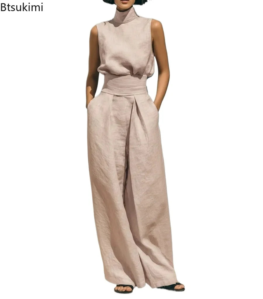 New Women's Solid Color 2 Piece Sets Sleeveless High Neck Tops+High Waist Wide Leg Pants Casual Minimalist Female Summer Outfits