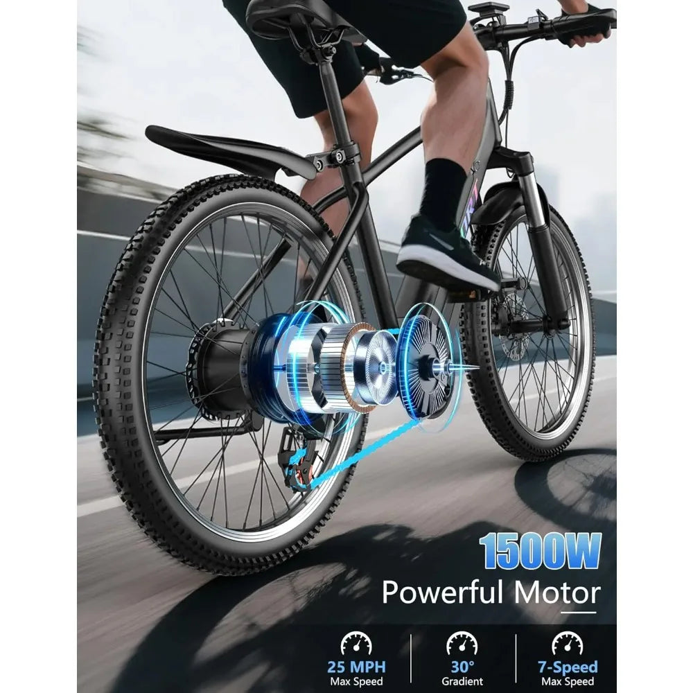 Electric Bike for Adults, 1500W Peak Motor, Ebike with 7-Speed, 65 Miles 25MPH, Electric Mountain Bike with 480Wh, Customized