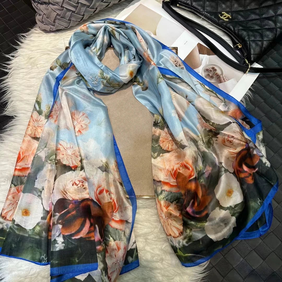 BYSIFA| Ultralarge Spring Fall 100% Mulberry Silk Scarf Beach Wrap Brand Female Long Scarves New Red Floral Silk Scarf Shawl