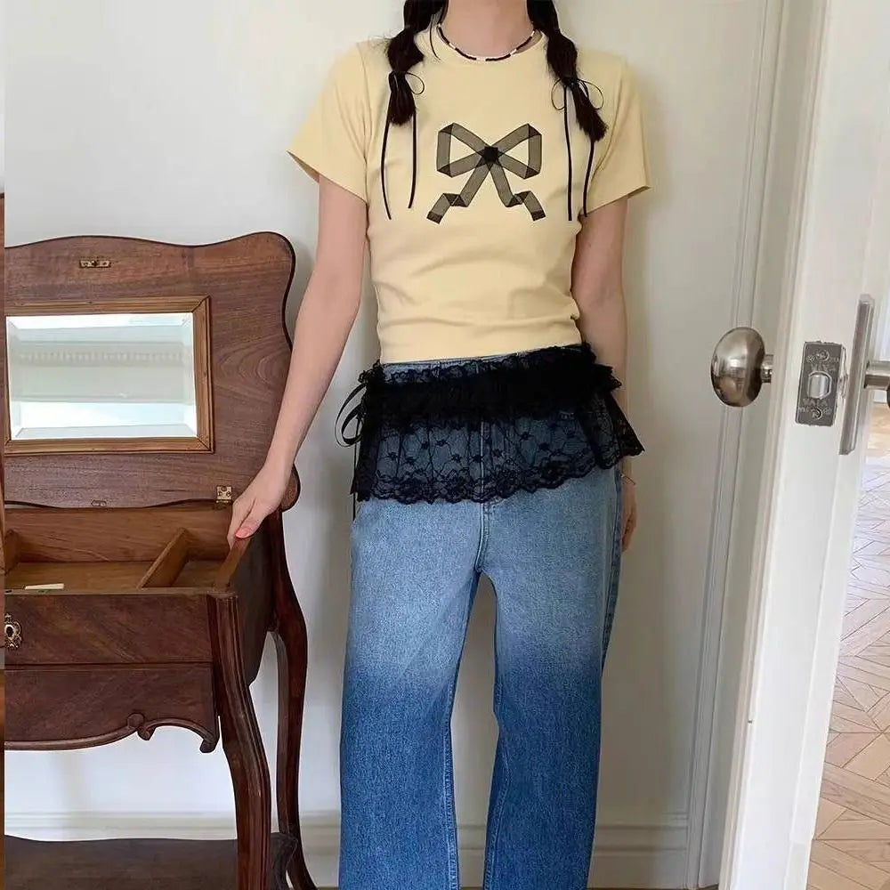 Polyester Embroidered Flower Lace Mini Skirt See Through Y2K Streetwear Ruched Skirts Harajuku Butt Curtain Jeans Decoration