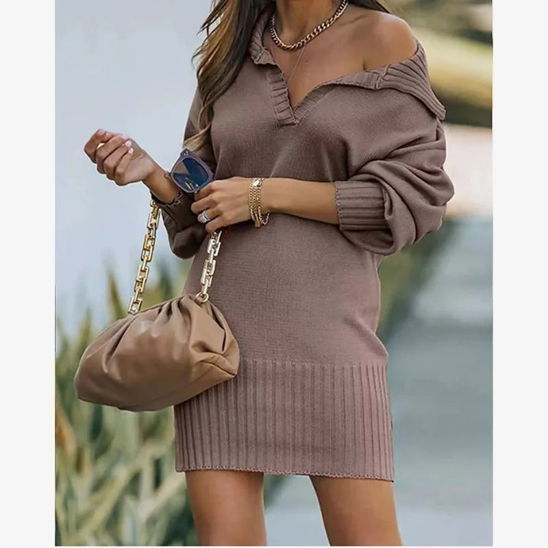 Women's Sweater Mid Length Dresses Fashion Lapel Lantern Sleeve Knit Solid Color Elegant Female Fall Winter Sweater Dress 2024