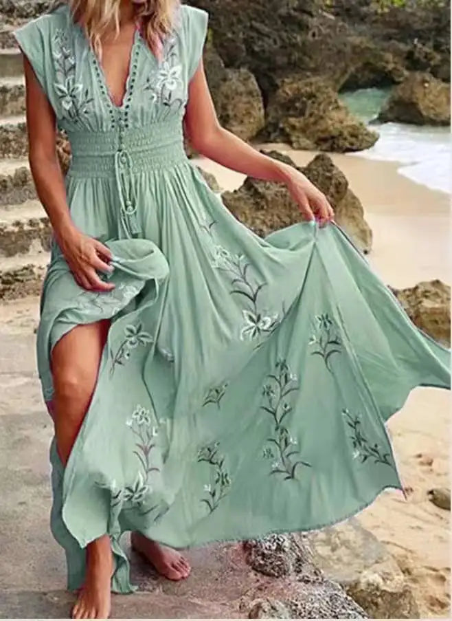 2026 Women's New Summer Fashion Women's V-neck French Beach Wave Casual Printed Dress for Women