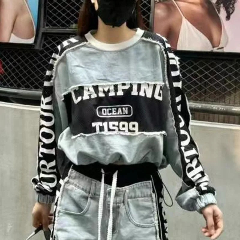 ANJY Autumn Women European Trendy Street Denim T-Shirt Personalized Letter Print Drawstring O-Neck Long Sleeve Sweatshirt A10809