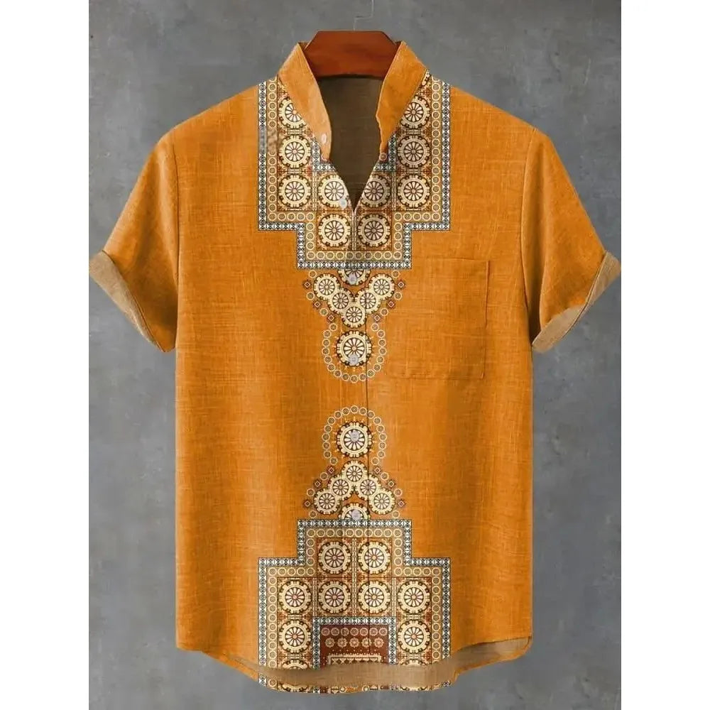 Men's Short Sleeve Printed Shirt Fashion Urban Style Polyester Fabric Loose Fit Casual Wear Turn-down Collar Classic Design