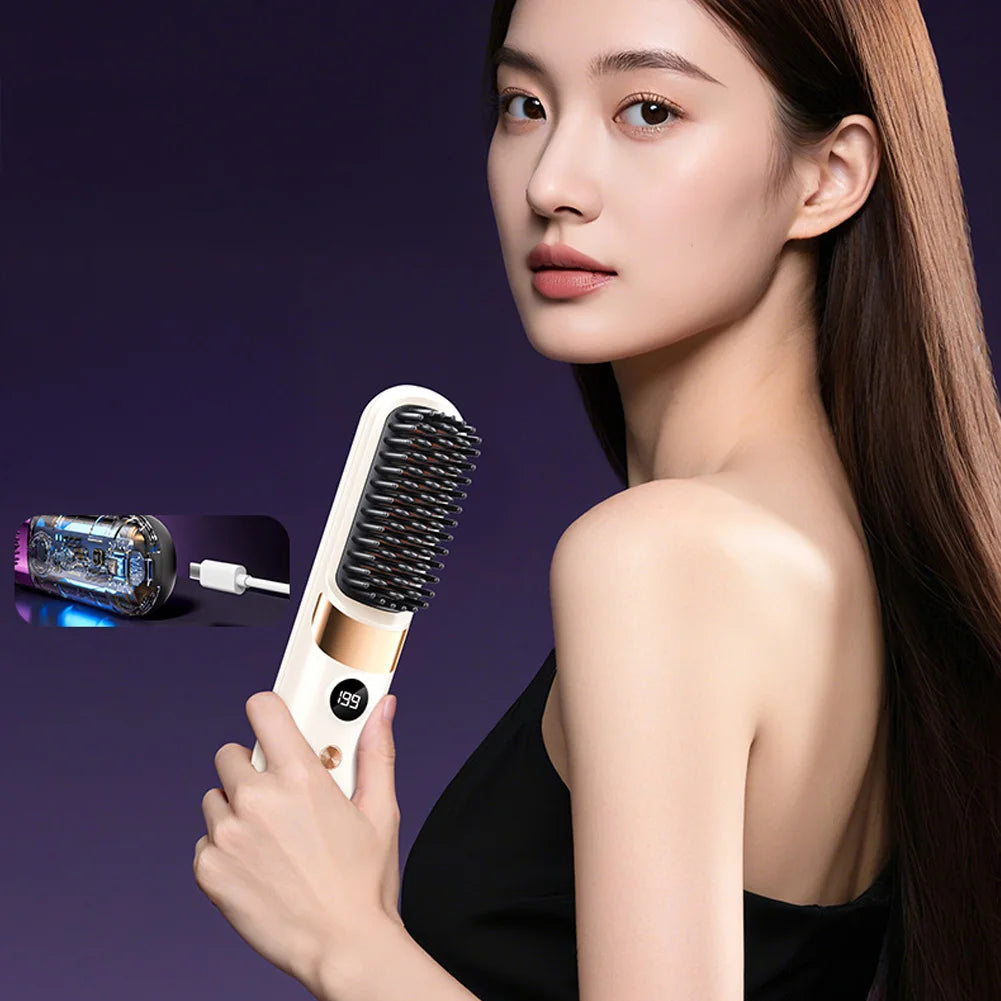 Portable Hair Straightener Cordless Comb with Negative Ion Fast Heating Rechargeable Brush for Straightening and Curling