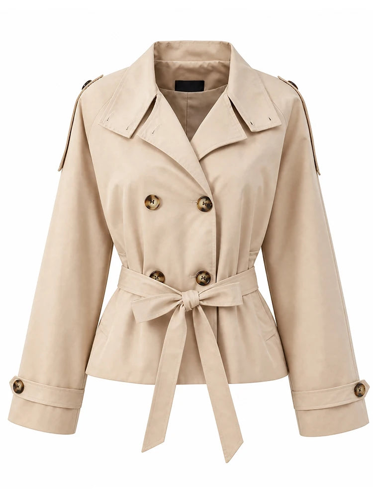 Khaki Lace Up Cape Trench Coat Loose Solid Full Sleeve Lapel Windbreaker 2026 Autumn New Fashion Commute Casual Daily Coats