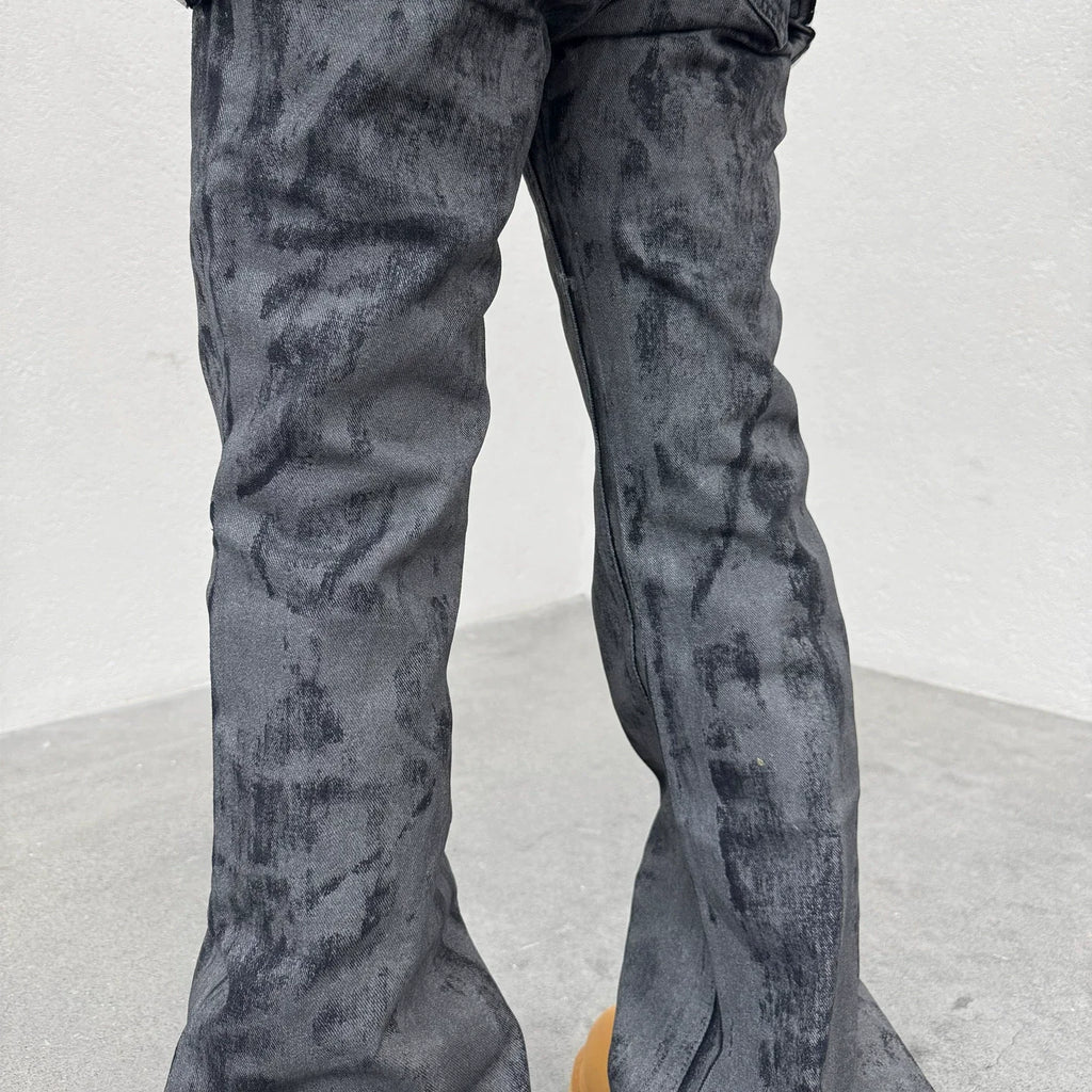 Men's Tie Dye Flared Denim Jeans Washed Handmade Brushed Wax Coating Casual Jean Pants Y2k Streetwear Slim Fit Bootcut Pants