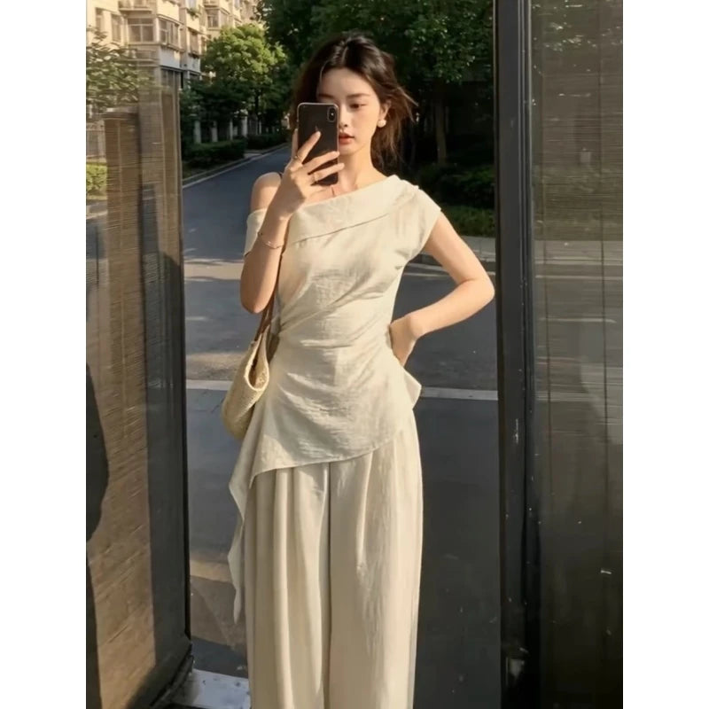 Summer Fashion Set Women's Side Shoulder Short Sleeve T-Shirt And Wide Leg Pants Two-Piece Suit Elegant And Stylish OOTD