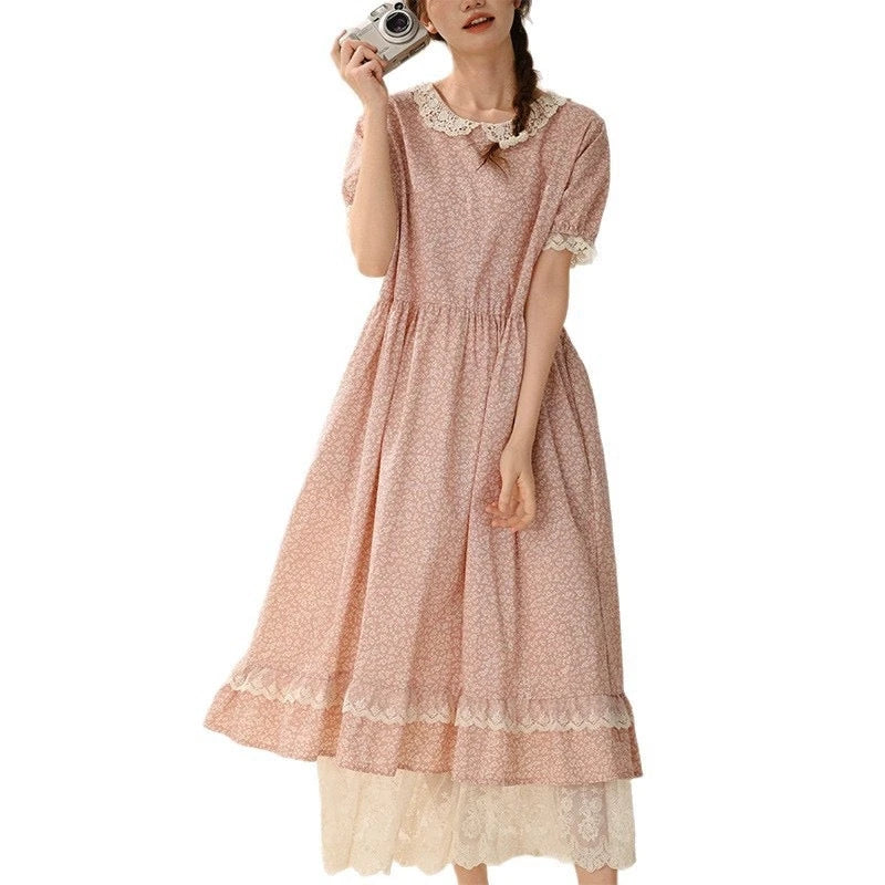 Vintage Ruffled Cotton Linen Flower Dress Women's New Summer Peter Pan Collar Short Sleeve Loose Boho Dress Casual Midi Vestidos