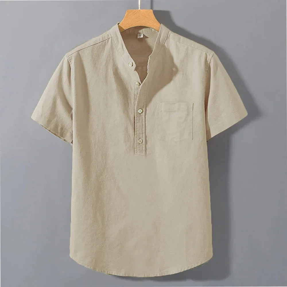 Men's Summer Solid Colour Short Sleeve Shirt Pocket Design Daily Casual Comfortable Breathable Cotton Linen Shirt Top