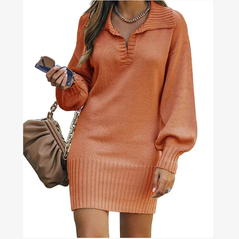 Women's Sweater Mid Length Dresses Fashion Lapel Lantern Sleeve Knit Solid Color Elegant Female Fall Winter Sweater Dress 2024