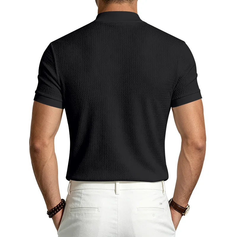 Men Summer Solid Jacquard Textured Mock Neck Short Sleeve T Shirt Slim Fit Simple Versatile Casual Daily Male Basic Tees