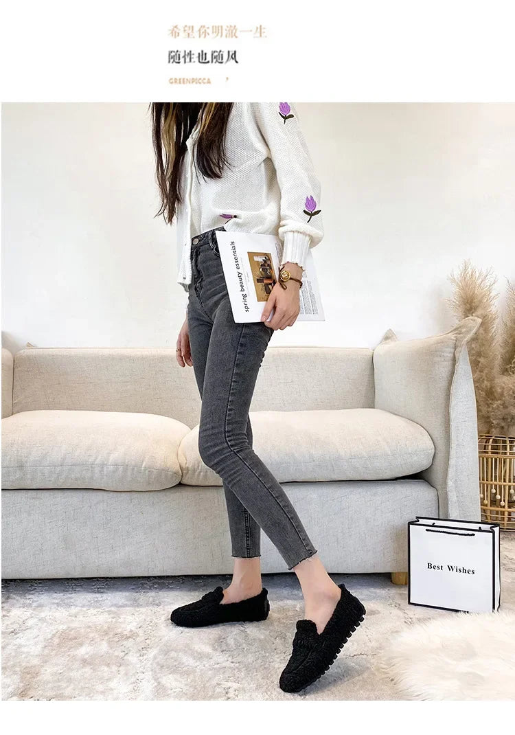 Lambwool Moccasins Femme Curly Sheep Fur Flats Woman Warm Plush Loafers Winter Cotton Shoes Women Furry Snow Boot
