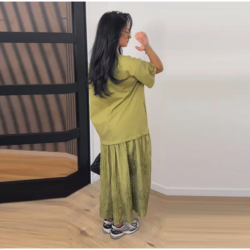 Solid Color Loose Fit Flare Sleeve Tiered Dress Crew Neck Ruffle Hem Pleated Long Maxi Dresses 2026 Spring Chic Casual Outwear