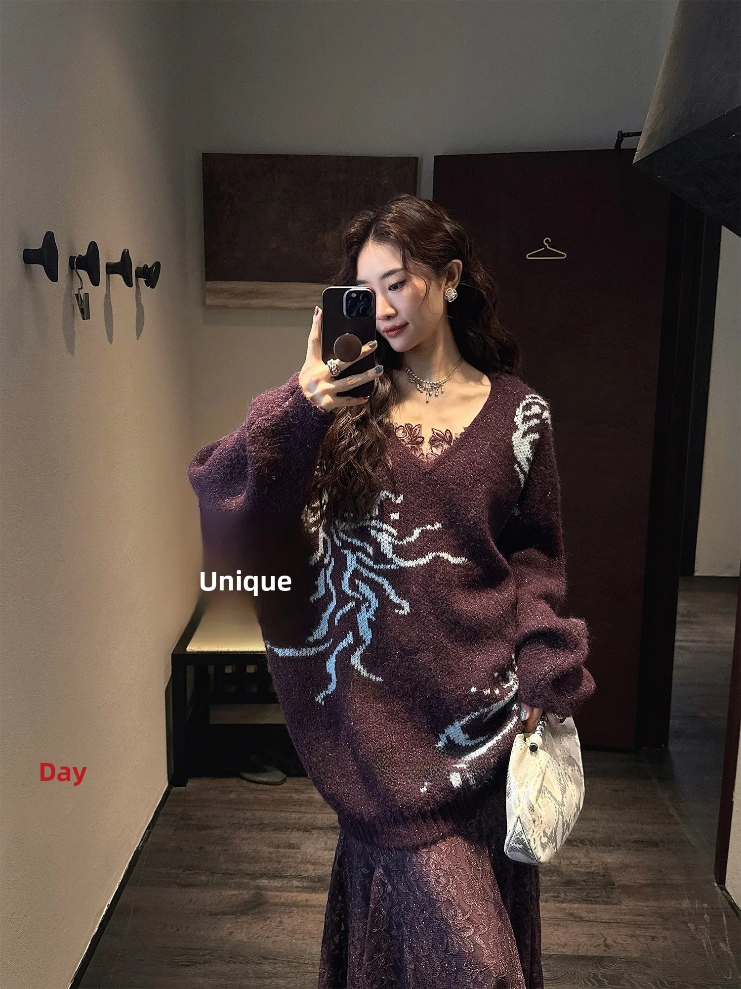 Sanji Bla Flower New Chinese Sle Gold Tead Alpaca Yarn V-ne Sweater Women's Winter Top Warmth Feat Long Sve Crew Ne