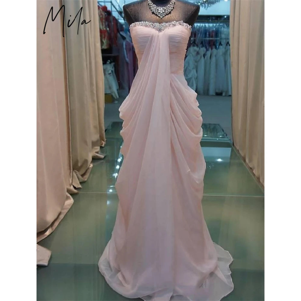 Mila Custom Blush Pink Strapless Beaded Chiffon Prom Dress Ruched Long Formal Evening Gown Elegant Graduation Homecoming