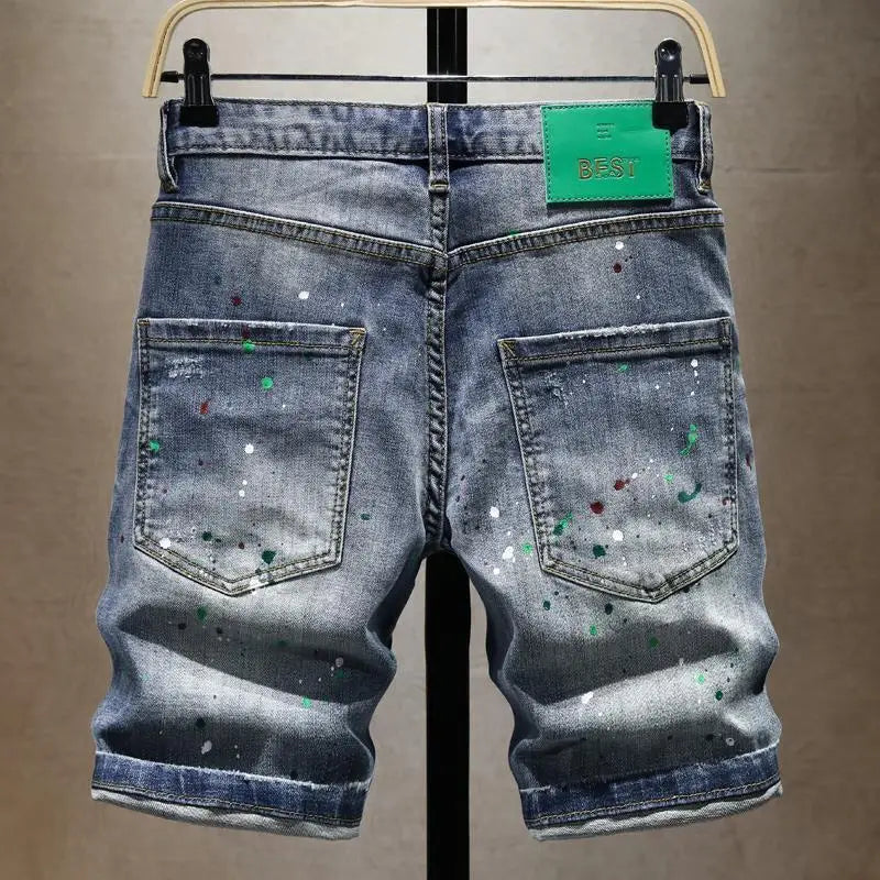 Washed Ripped Denim Men's Trendy Brand Spray Paint Medium Summer Thin Elastic Patch Bermuda Short Pants Men's Jeans Shorts