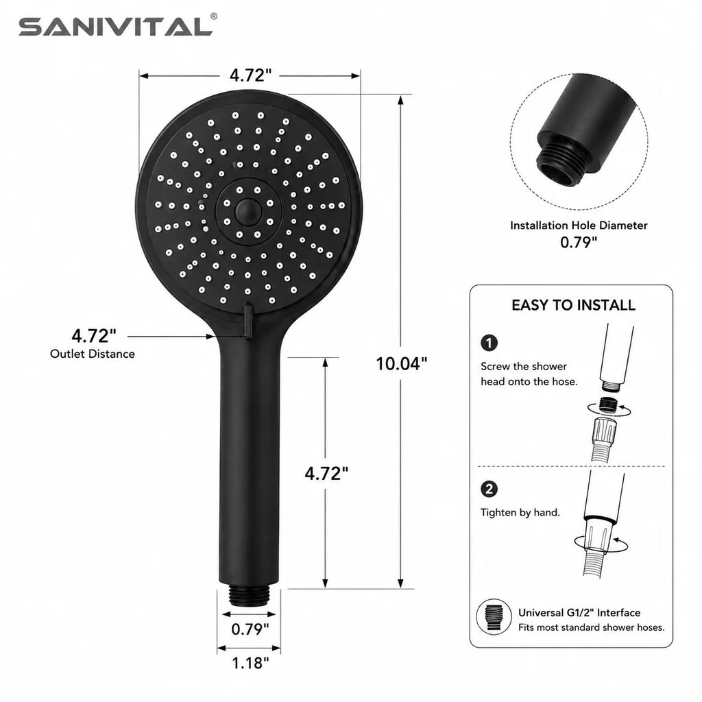 SANIVITAL Matte Black Handheld Shower Head with 5 Spray Modes High Pressure Anti-Clogging Bathroom Sprayer