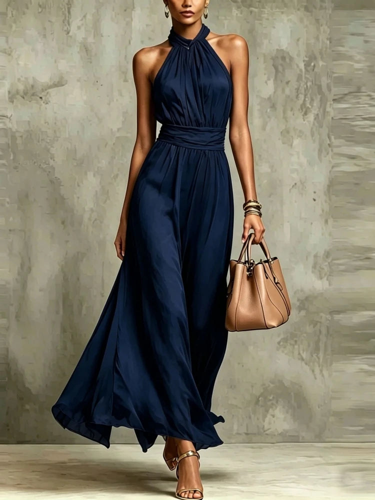 Elegant Chiffon Dress 2026 Fashion New Women Solid Halter Maxi Dress Sleeveless High Neck Ruched Waist Evening Party Dress