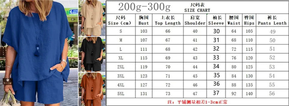 Ladies Shorts Suit Fashionable Summer Women's Elegant Solid Color Pullover Loose Cotton Linen Short Sleeved Shorts Two-piece Set