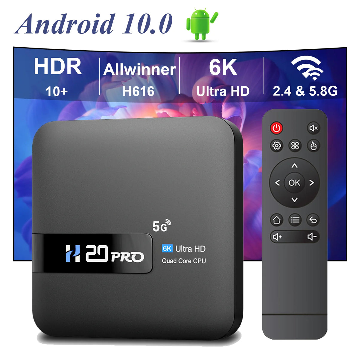 TOPSION H20PRO TV Box Android 10.0  With Voice Assistant 2.4&5G Wifi 4K 6K HD Video TV Box 1080P Media Player Set Top Box