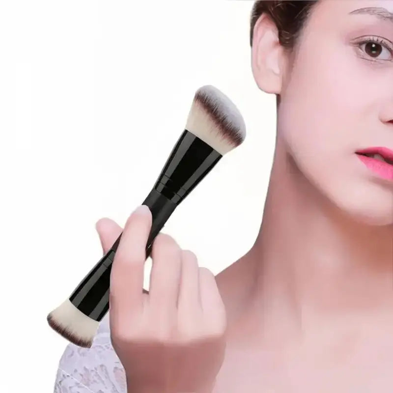 2PCS Dual-Ended Makeup Brush - Angled Contour & Flat Head Foundation Brush for Cream, Liquid Foundation, Seamless Blending