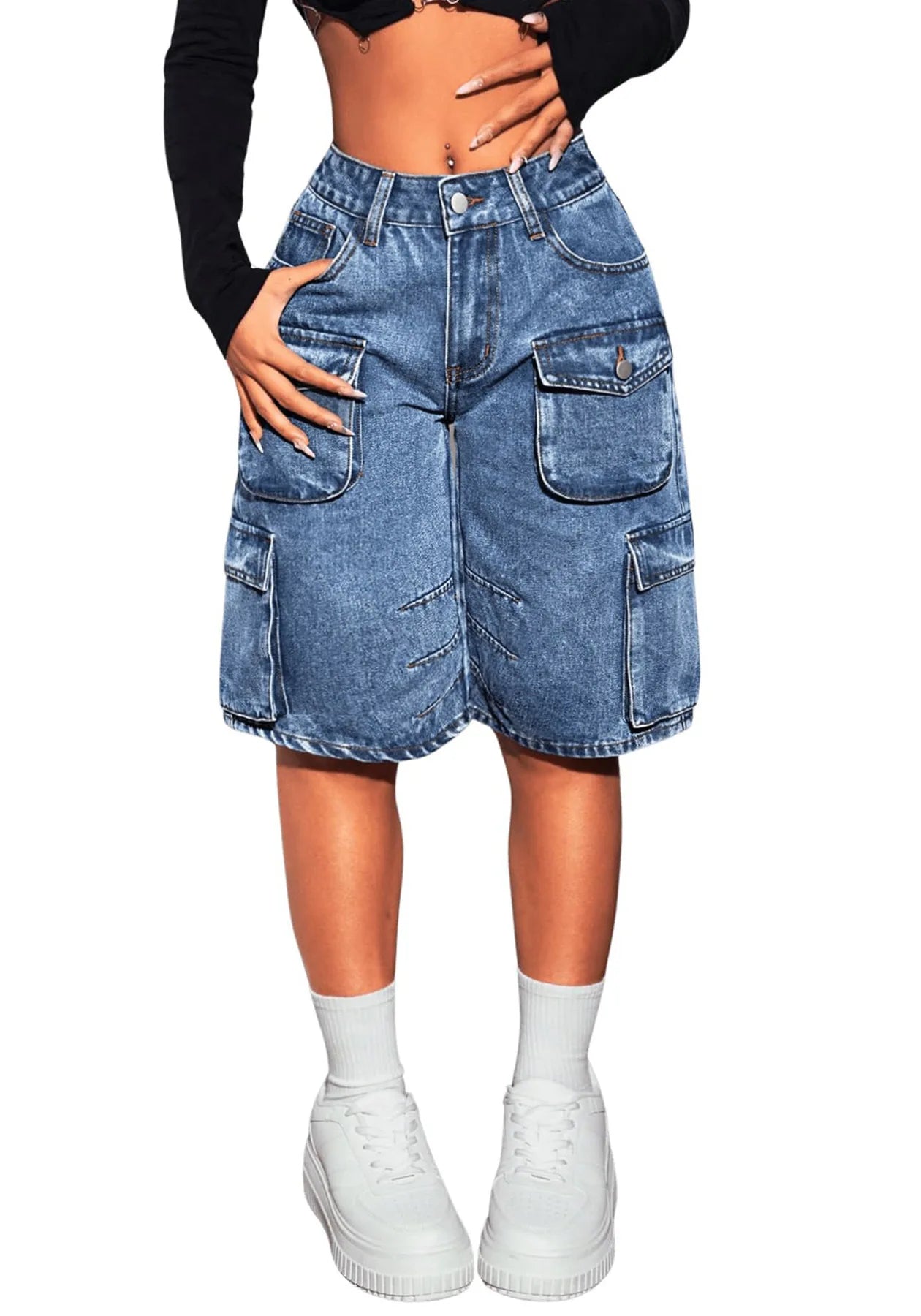 Shorts Women Knee Length Cargo Jeans Multiple Pockets High Waist Washed Distressed Streetwear 2025 Summer Denims Short Pants