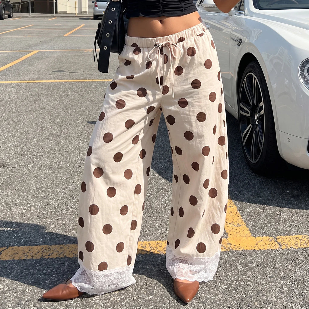 Women Y2K Retro Polka Dot Pants Lace Hem Elastic High Waist Drawstring Loose Fit Trousers Sweet French Style Vacation Bottoms