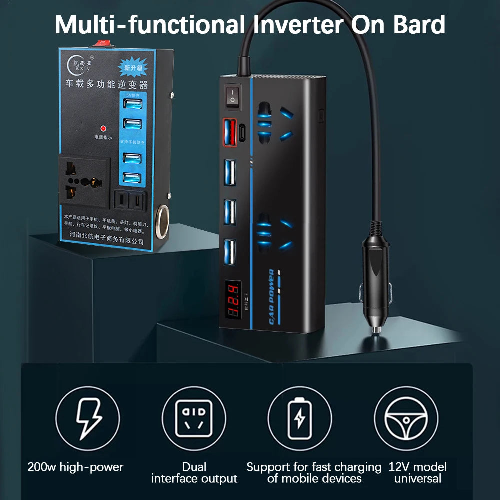 200W Inverter Storage Battery Converter DC 12V/24V To AC 110V/220V Splitter 8 Ports USB Chargers AC Power Socket Car Inverter