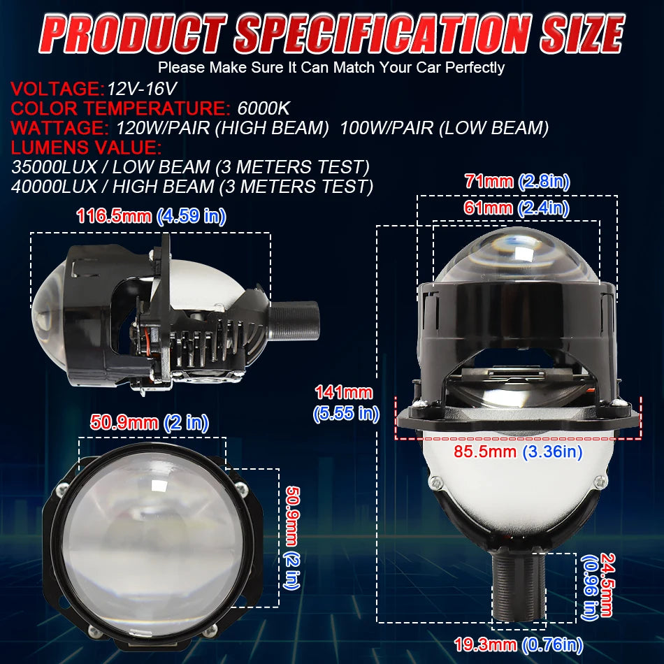 2.5 Inch Bi Led Projector Lens Led Light H4 H7 9005 9006 Car Headlight Bulb High Low Beam 6000K Diode 300W 30000LM Turbo Tuning
