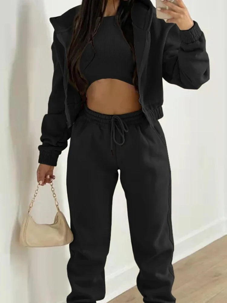 Women's 3-Piece Set Long Sleeve Hooded Sport Coat Casual Loose Lace-Up Pants Autumn Winter Fashion Outfit Versatile Clothing