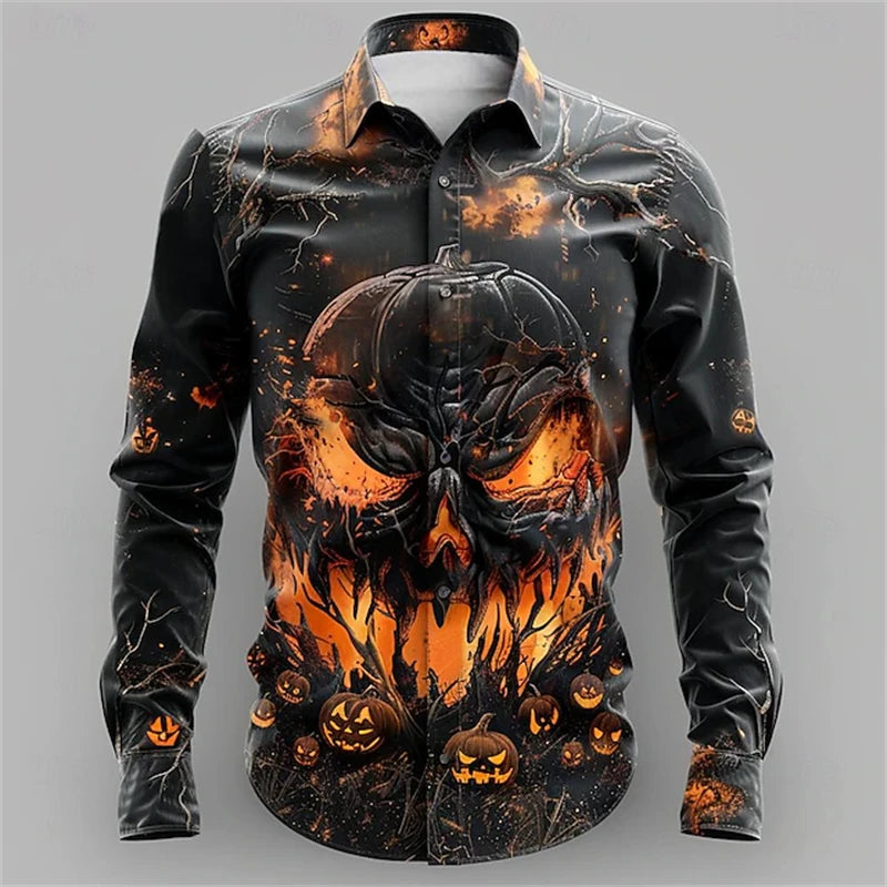 2026 Halloween Fun New Fall and Winter Yellow Shirt Halloween Party Fashion Men's Long Sleeve Tops Temperament Button Down Shirt