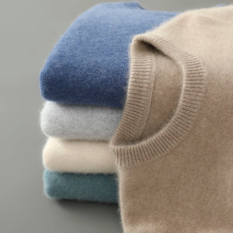 100% Australian Wool Knitted Men's O-Neck Sweater, Casual Business, Spring and Autumn Men's Long-Sleeved Pullover New Sweater