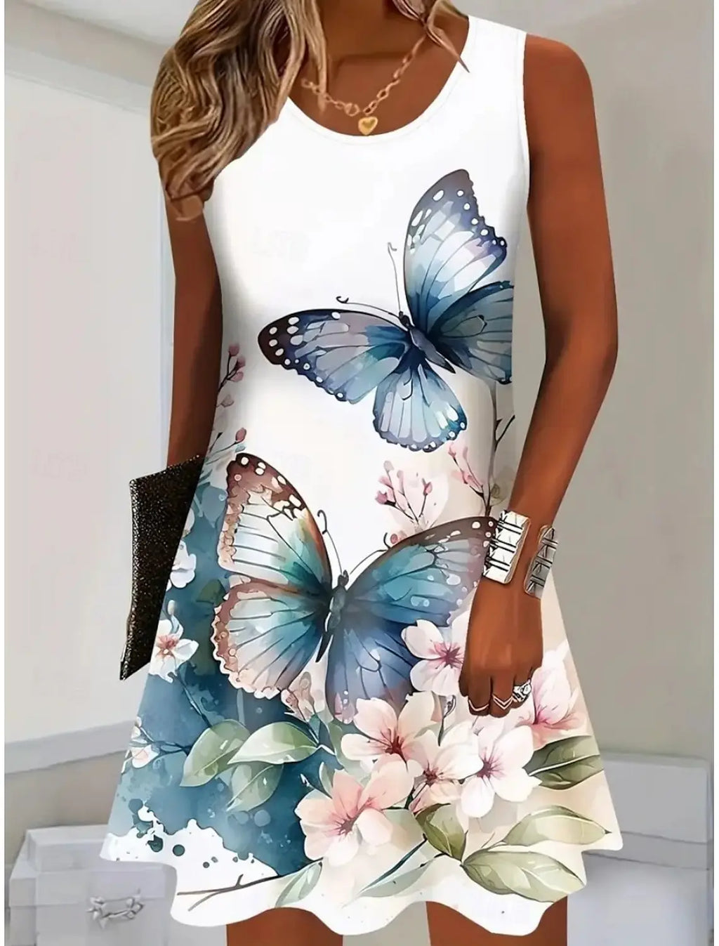 Women's Sleeveless Crew Neck A-Line Mini Dress, Butterfly Print,  Casual Summer Daily Dress