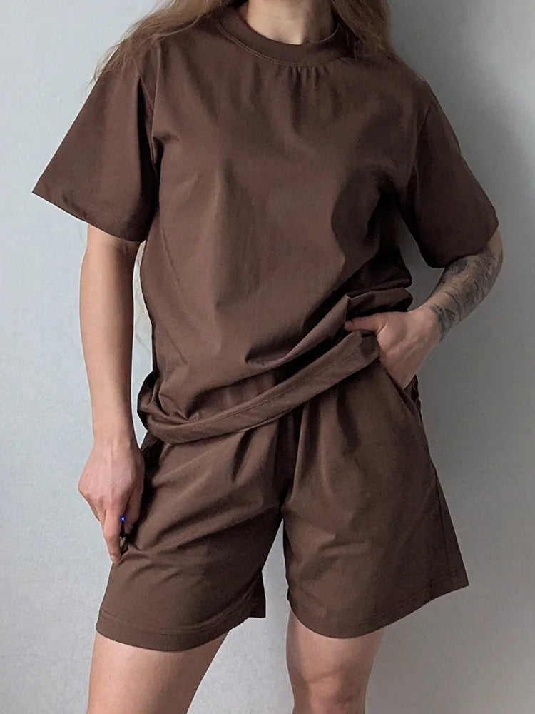 Summer 2 Piece Shorts Set Woman Cotton Brown Oversized T Shirts And Shorts Two Pieces Outfits For Women White Short Sets Pink