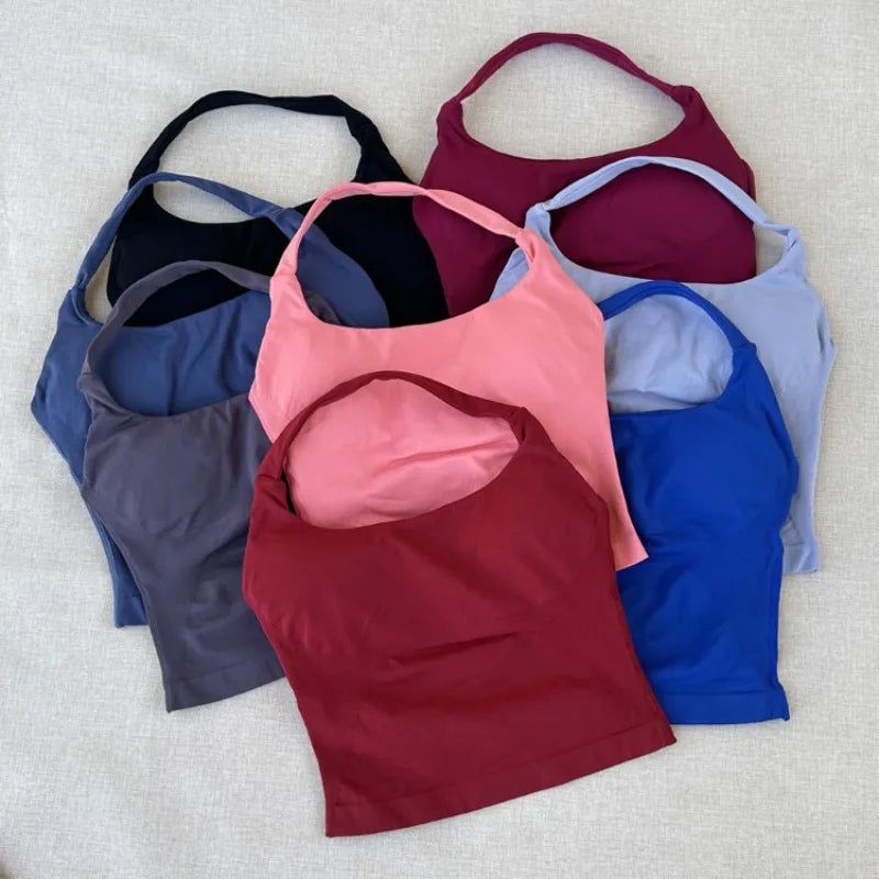 Seamless Halter Workout Tank Top for Women Backless Longline Yoga Top Gym Fitness Activewear Body Shaping Sportswear