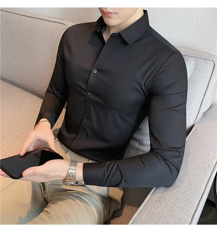 Men's Ultra Stretch Seamless Long Sleeve Shirt Top Quality Business Casual Breathable Stretchable Solid Color Formal Dress Shirt