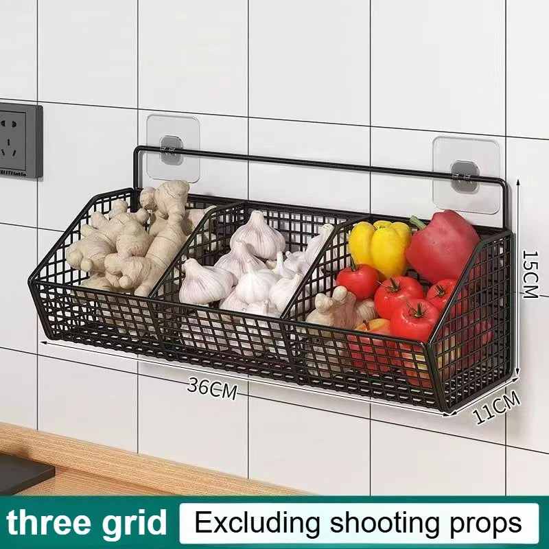Wall-Mounted Multi-Functional Kitchen Organizer - Durable Metal Vegetable, Garlic, and Onion Storage Basket - Storage Organizer
