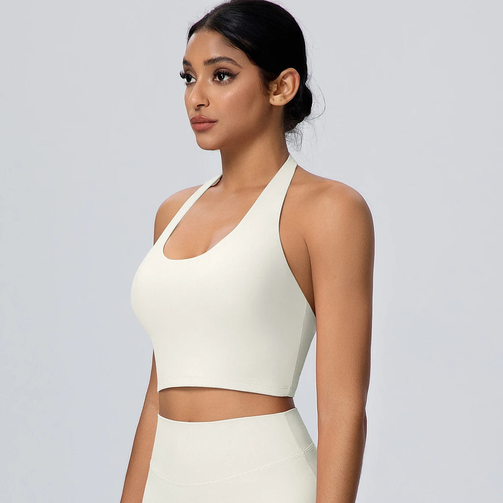 Woman Solid Color Sexy Neck Strap Bra Yoga Underwear With Chest Pad Backless Gather Shockproof Gym Workout Top Sports Yoga Bra