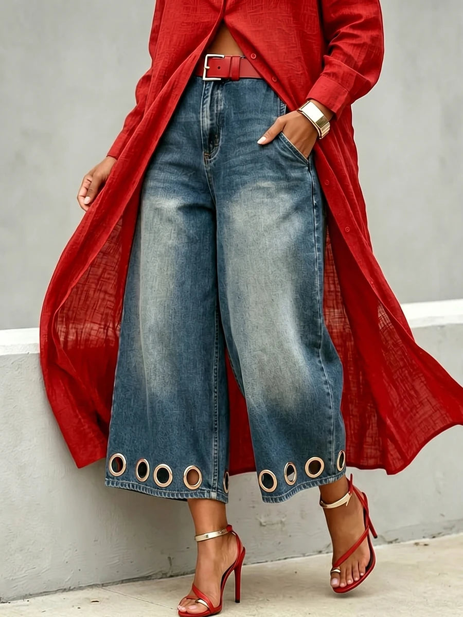 Women Wide Leg Cropped Jeans High Waist Loose Fit Hollow Eyelet Hem Pocketed Denim Pants Casual Street Outfits Women's Shorts