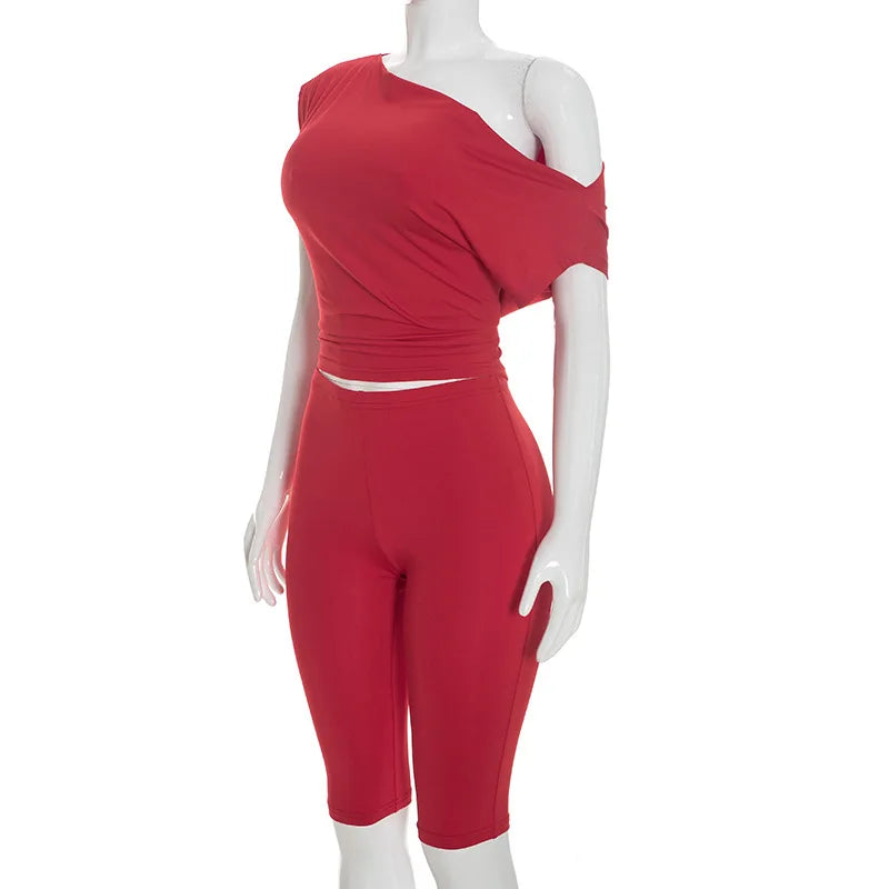 One Shoulder Solid 2 Piece Set Women Summer Short Sleeve Crop Top Shirt Pant Matching Sets Beach Vacation Outfit Streetwear Gift